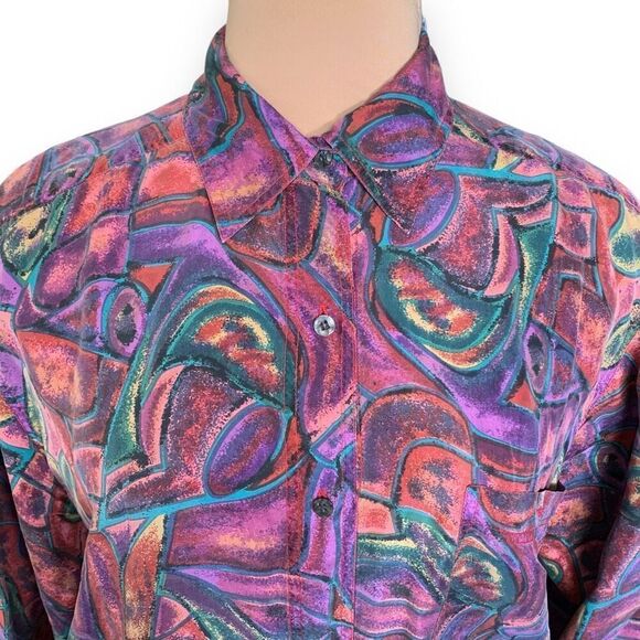 Vintage Diana Marco Shirt Abstract Print Purple Silk Button Up Long Sleeve - Picture 2 of 9